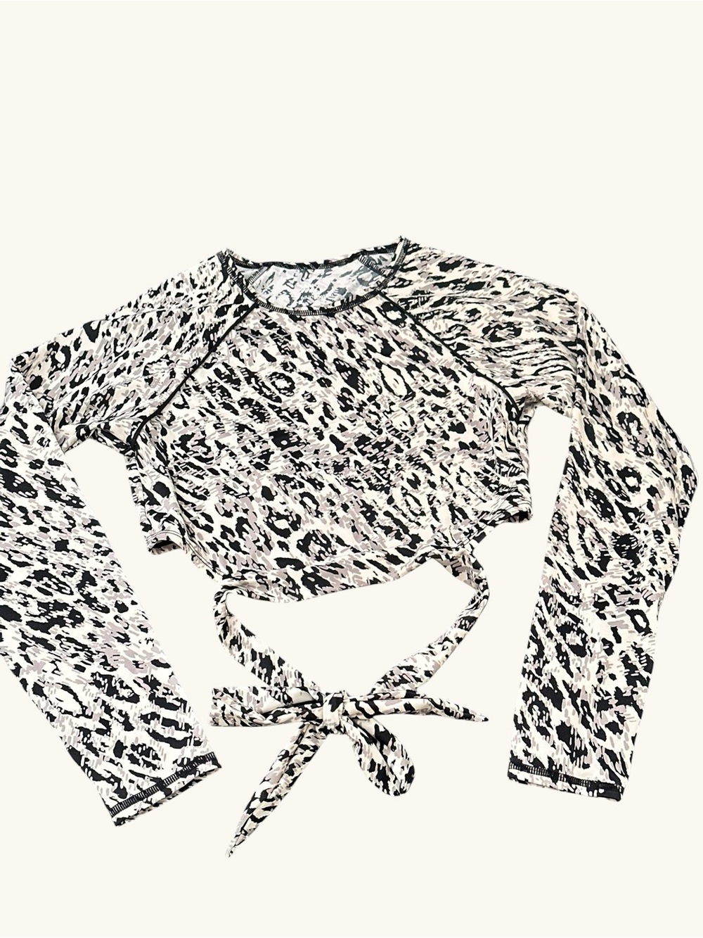 Leopard Print Tie-Back Long Sleeve Crop Top Swimming - Black & Cream